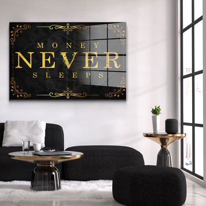 Money Never Sleeps Gold Acrylglasbild Wandbild Bild Wanddeko Wohnzimmer XL