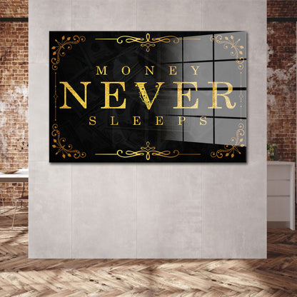 Money Never Sleeps Gold Acrylglasbild Wandbild Bild Wanddeko Wohnzimmer XL