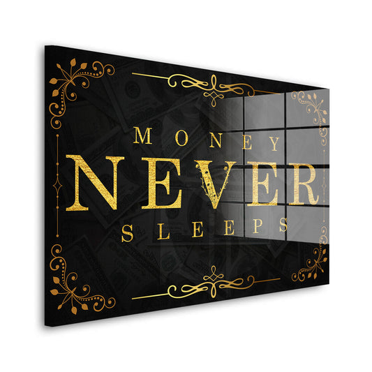 Money Never Sleeps Gold Acrylglasbild Wandbild Bild Wanddeko Wohnzimmer XL