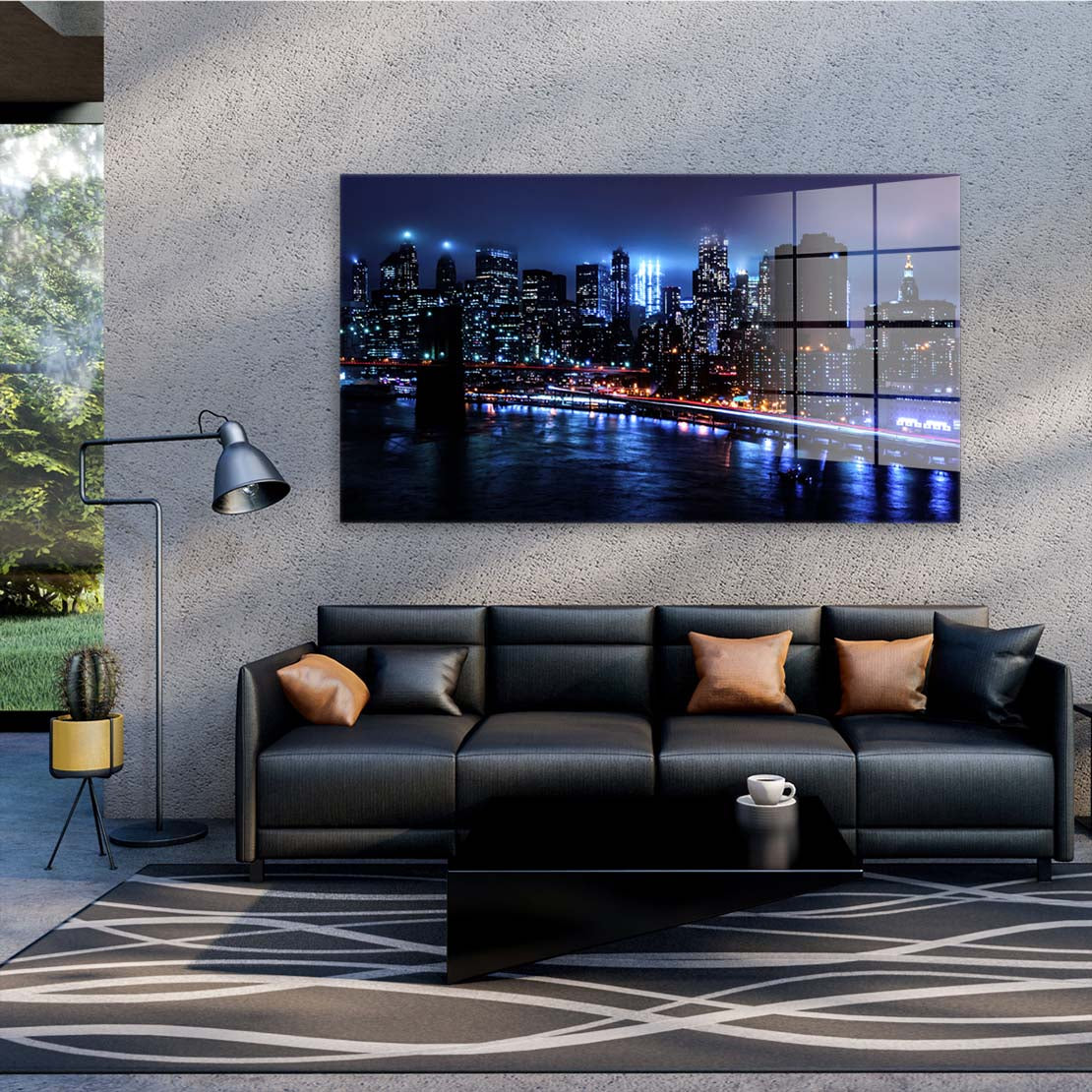 New York Manhattan Bridge Acrylglasbild Wandbild Bild Wanddeko XL Blue Style
