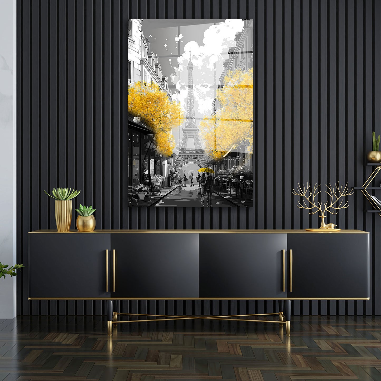 Paris mit goldenen Bäumen Acrylglasbild Wandbild Bild Wanddeko Wohnzimmer XL