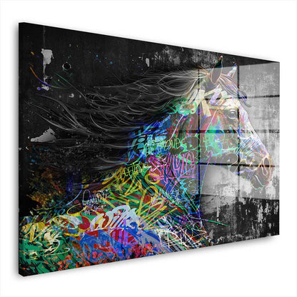 Pferd schwarz weiß Graffiti Acrylglasbild Wandbild Bild Wanddeko XL