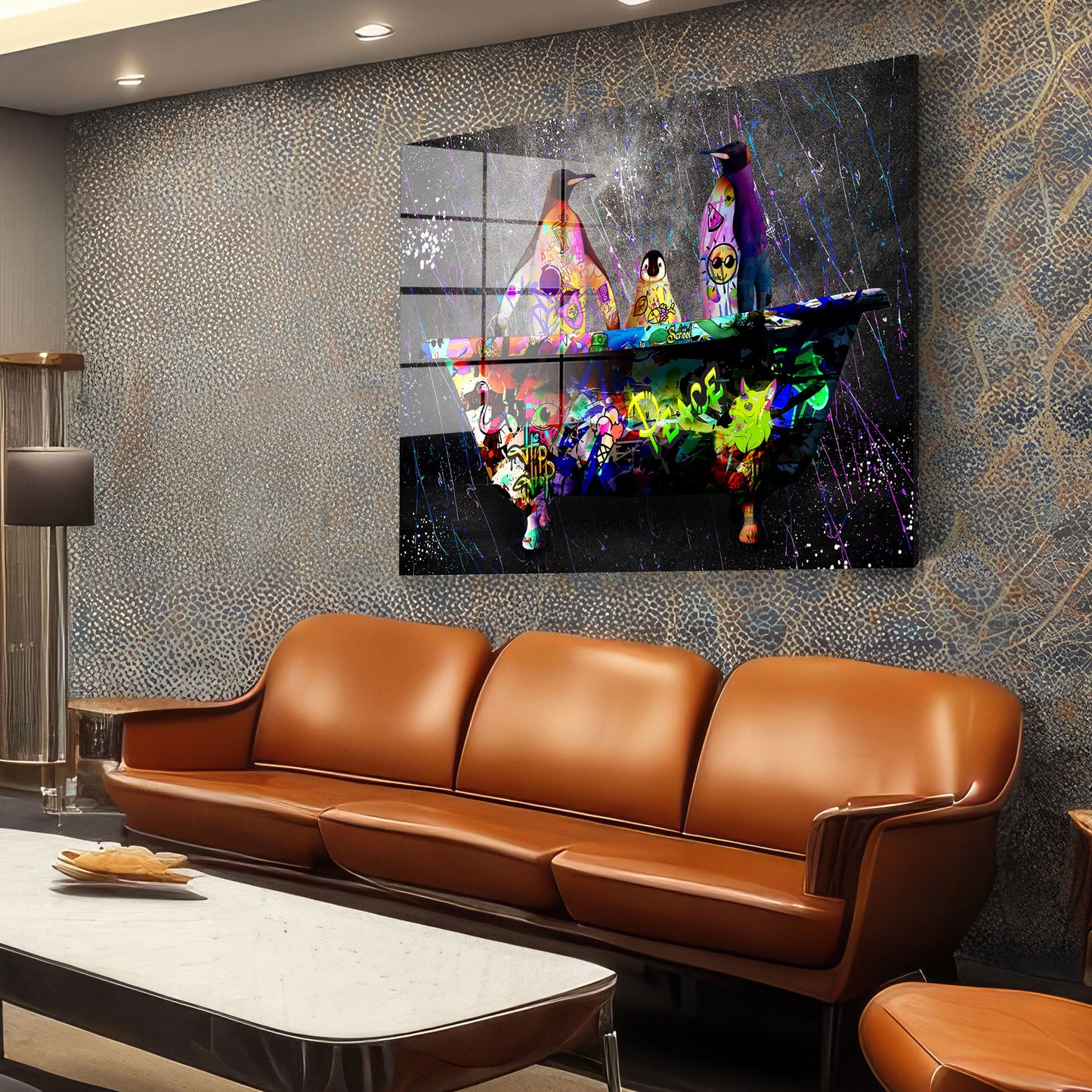 Pinguin in Badewanne Acrylglasbild Wandbild Bild Wanddeko Wohnzimmer XL