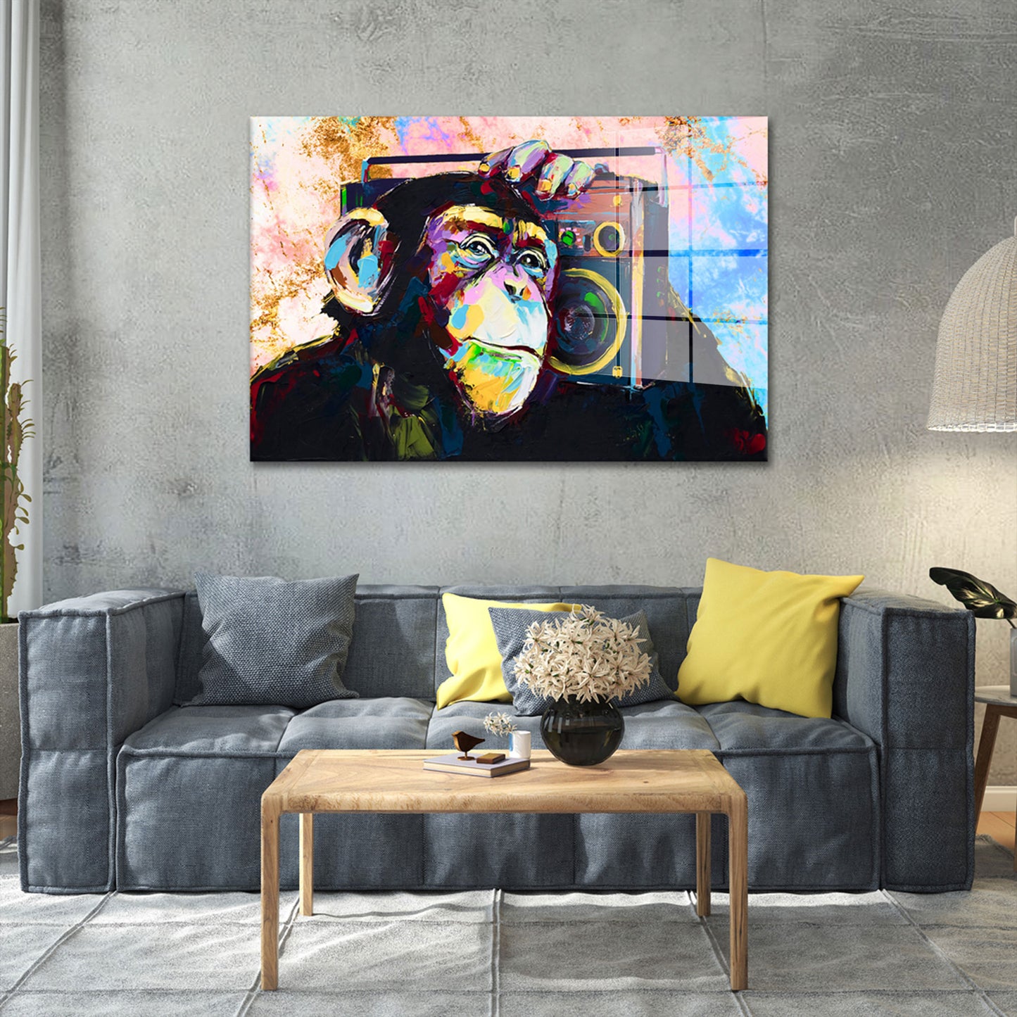 Pop Art Affe mit Radio Acrylglasbild Wandbild Bild Wanddeko Wohnzimmer XL