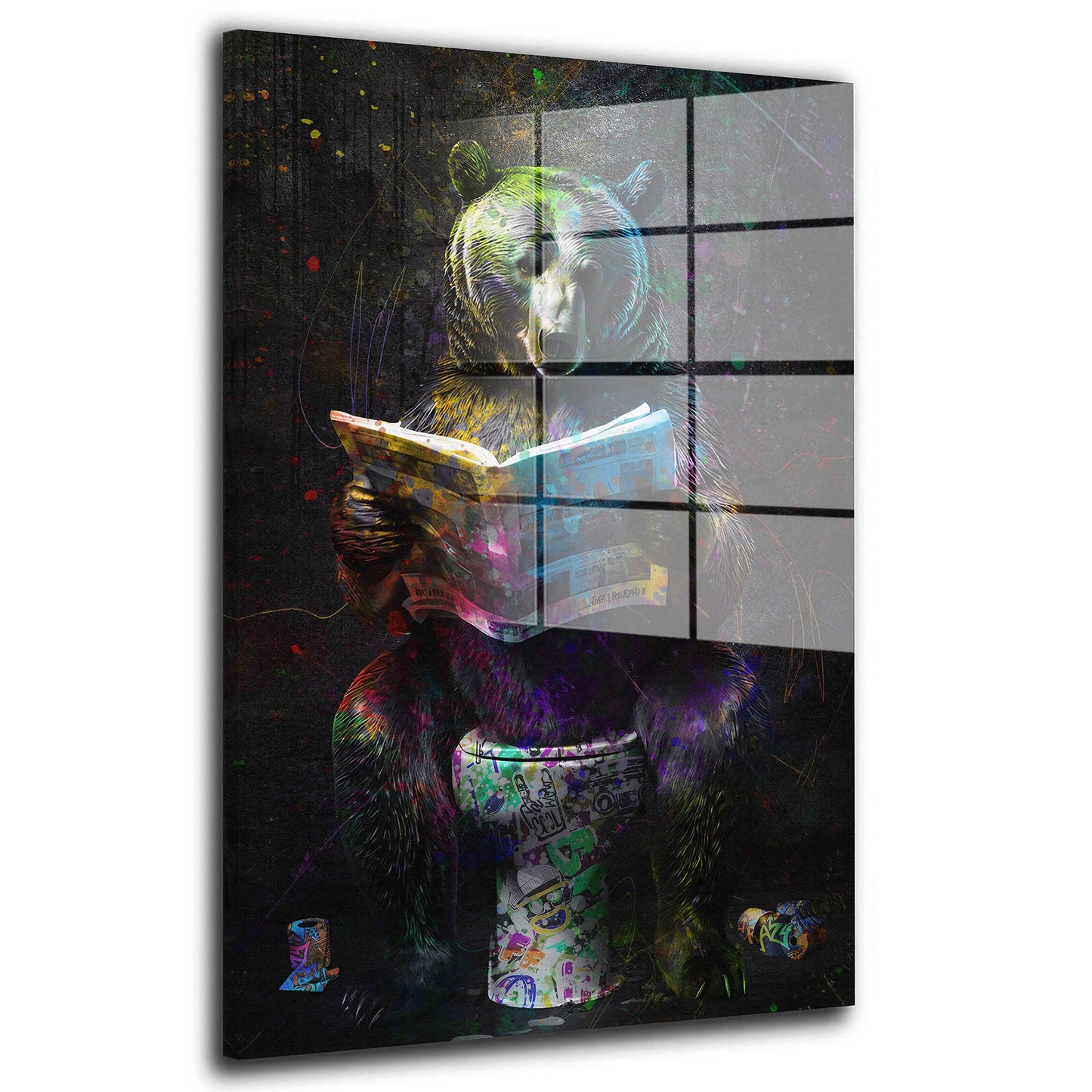 Pop Art Bär mit Zeitung Acrylglasbild Wandbild Bild Wanddeko Wohnzimmer XL