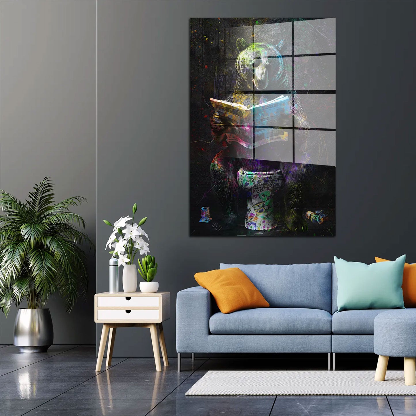 Pop Art Bär mit Zeitung Acrylglasbild Wandbild Bild Wanddeko Wohnzimmer XL