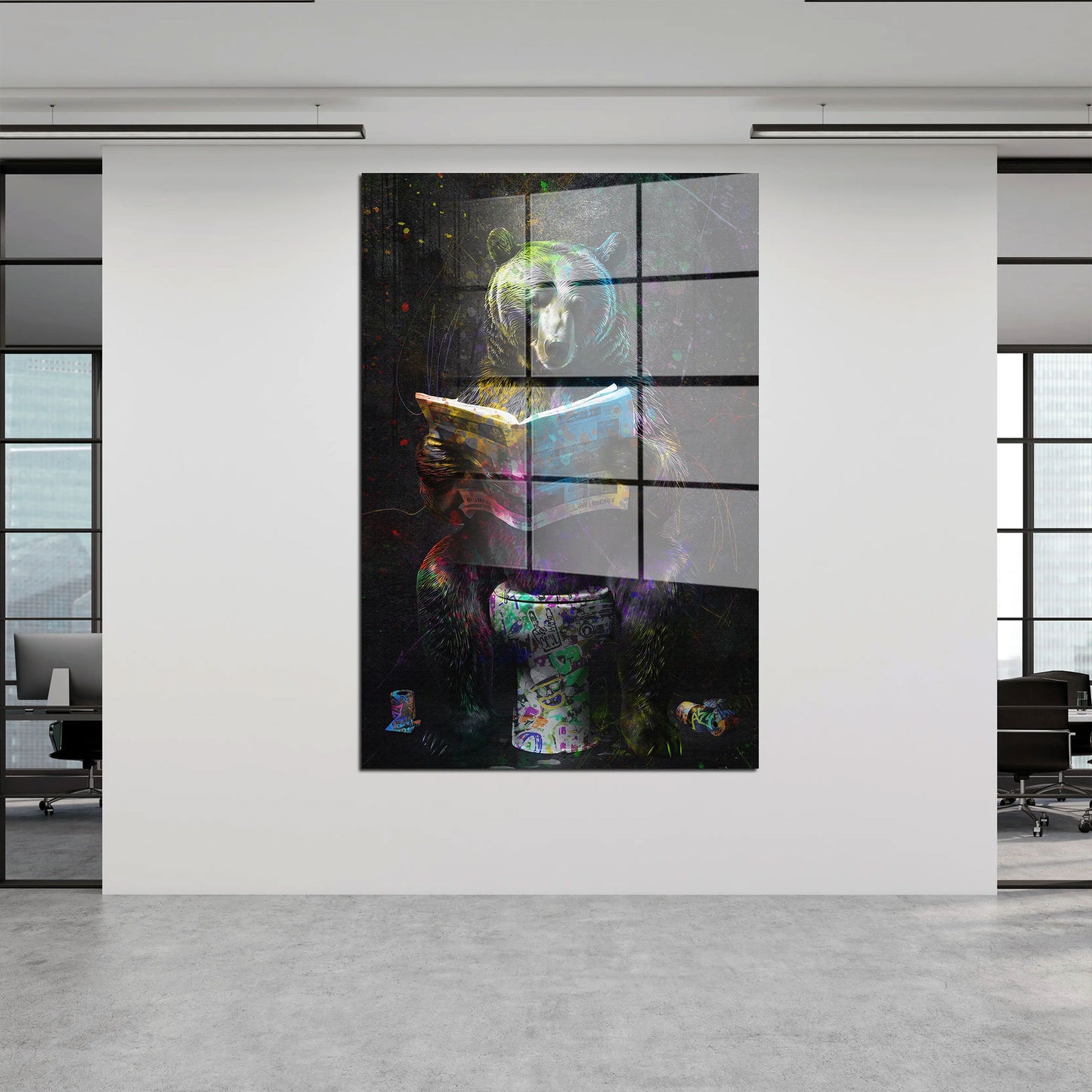 Pop Art Bär mit Zeitung Acrylglasbild Wandbild Bild Wanddeko Wohnzimmer XL