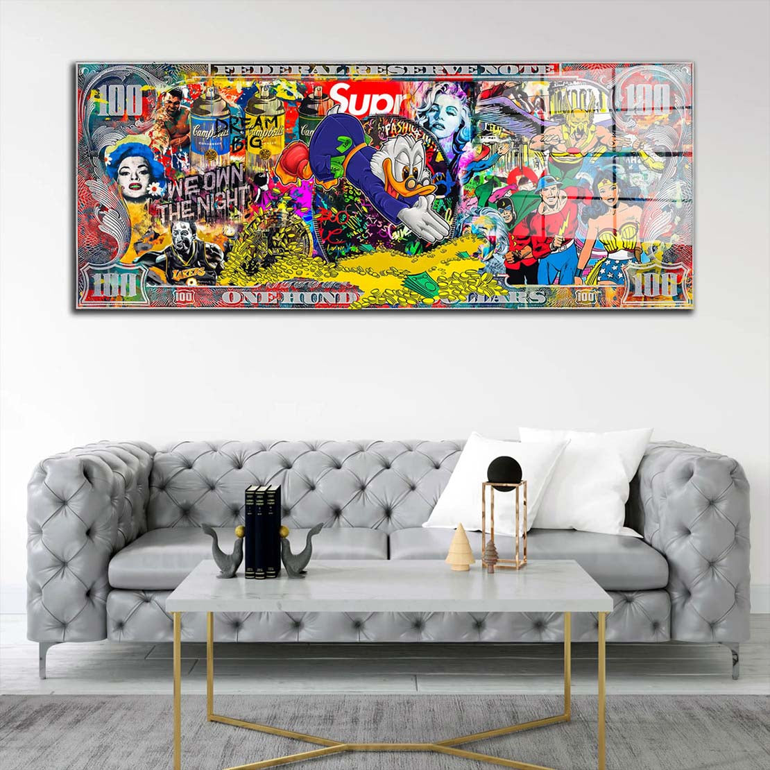 Pop Art Duck Dollar Stars, We own the Night Acrylglasbild Wandbild Bild Wanddeko XL