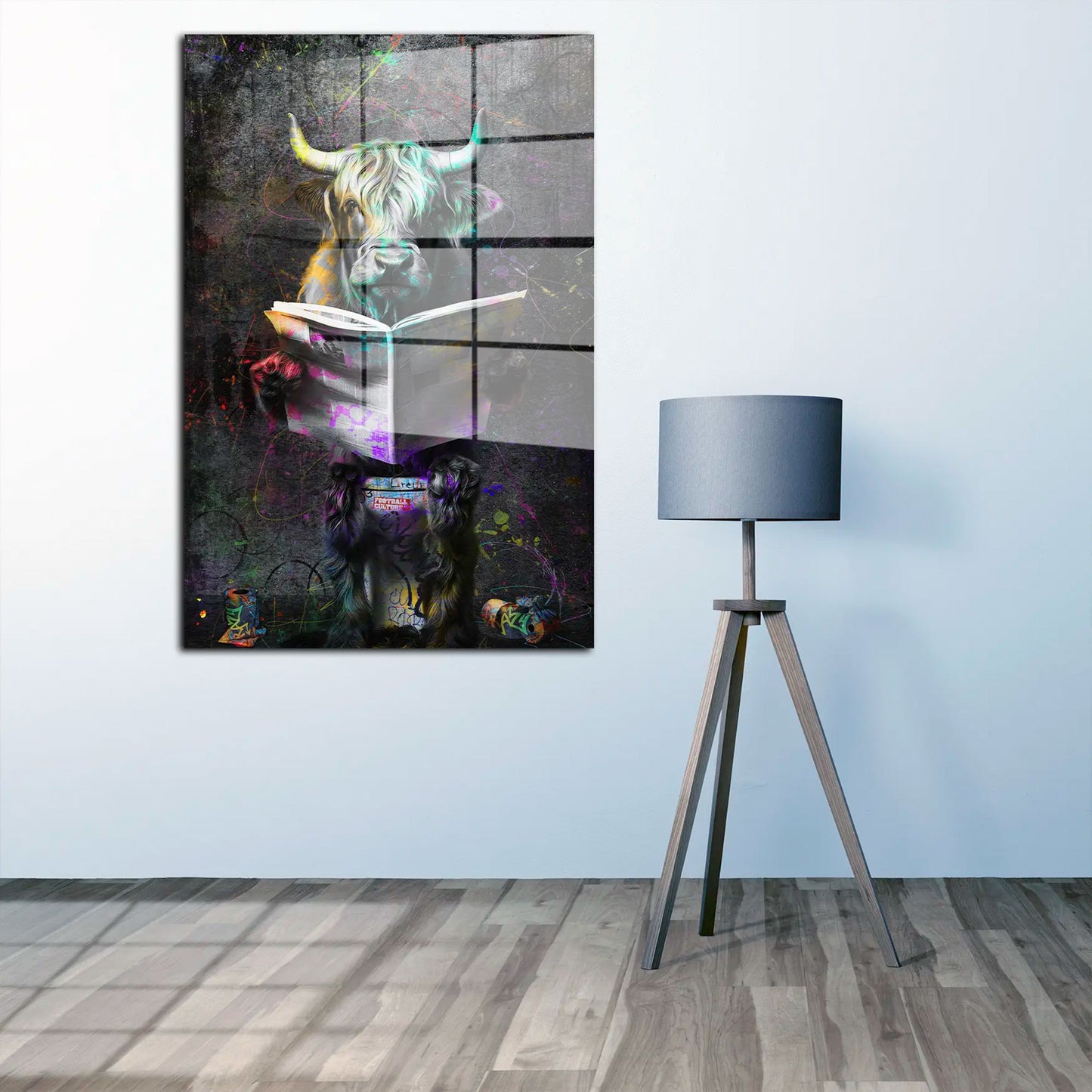 Pop Art Stier mit Zeitung Acrylglasbild Wandbild Bild Wanddeko Wohnzimmer XL