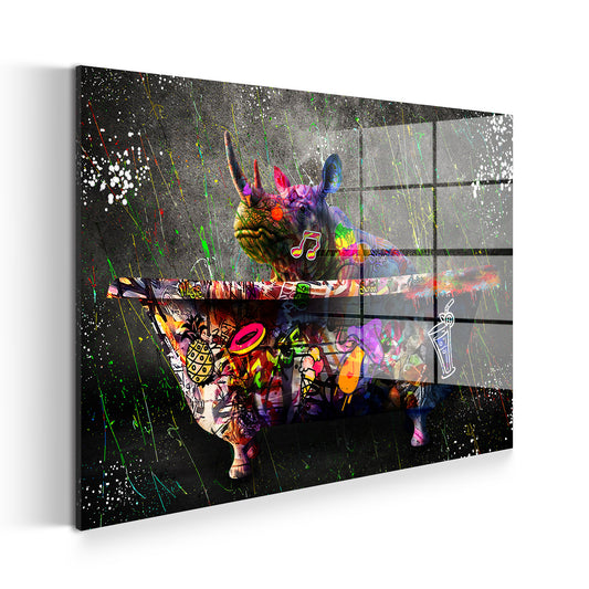 Rhinozeros in Badewanne Graffiti Acrylglasbild Wandbild Bild Wanddeko XL