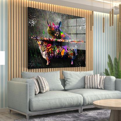 Rhinozeros in Badewanne Graffiti Acrylglasbild Wandbild Bild Wanddeko XL