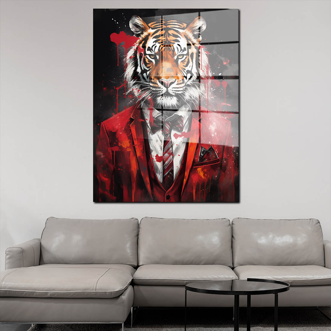 Tiger im roten Anzug Acrylglasbild Wandbild Bild Wanddeko Wohnzimmer XL