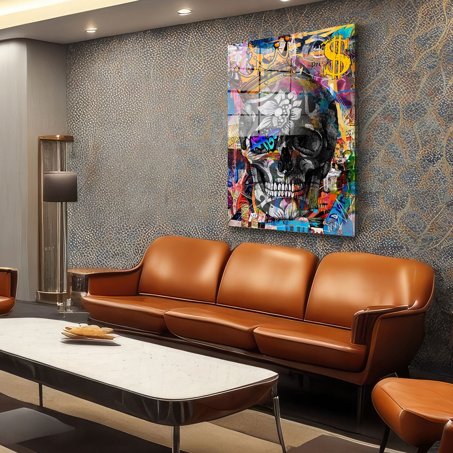 Totenkopf mit Krone Pop Art Acrylglasbild Wandbild Bild Wanddeko XL