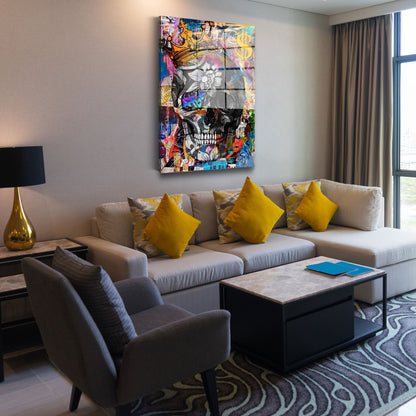 Totenkopf mit Krone Pop Art Acrylglasbild Wandbild Bild Wanddeko XL