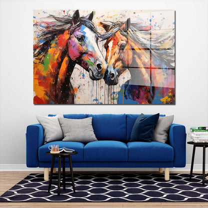 2 Pferde Pop Art Colour Style Acrylglasbild Wandbild Wanddeko Wohnzimmer XL