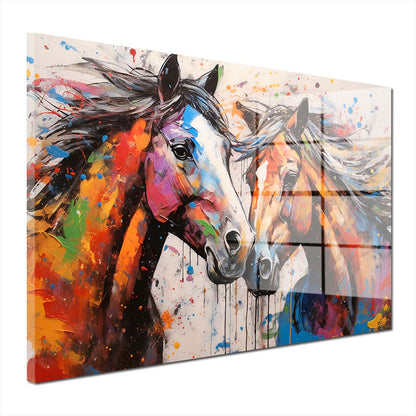 2 Pferde Pop Art Colour Style Acrylglasbild Wandbild Wanddeko Wohnzimmer XL