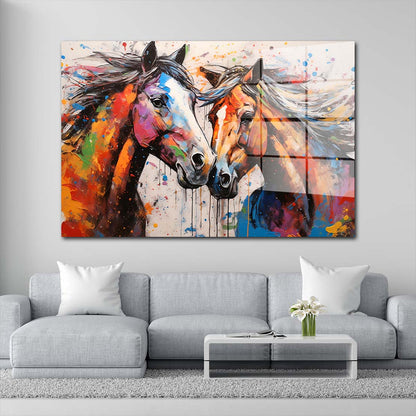 2 Pferde Pop Art Colour Style Acrylglasbild Wandbild Wanddeko Wohnzimmer XL