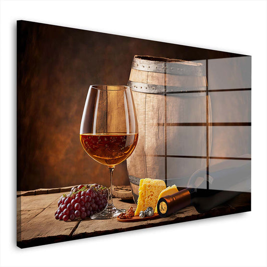 Modern Wein mit Käse und Trauben Acrylglasbild Wandbild Wanddeko Wohnzimmer XL