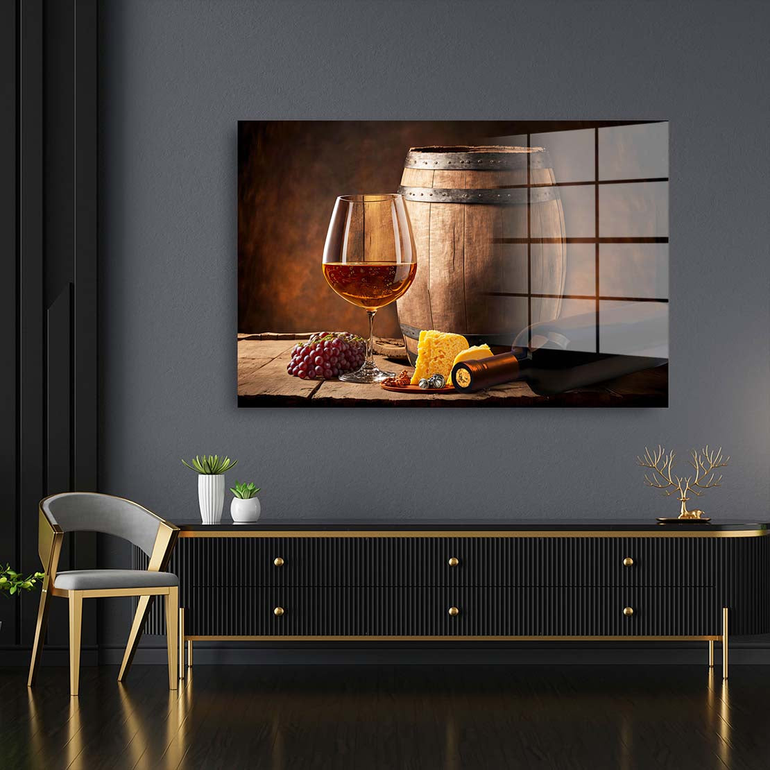 Modern Wein mit Käse und Trauben Acrylglasbild Wandbild Wanddeko Wohnzimmer XL