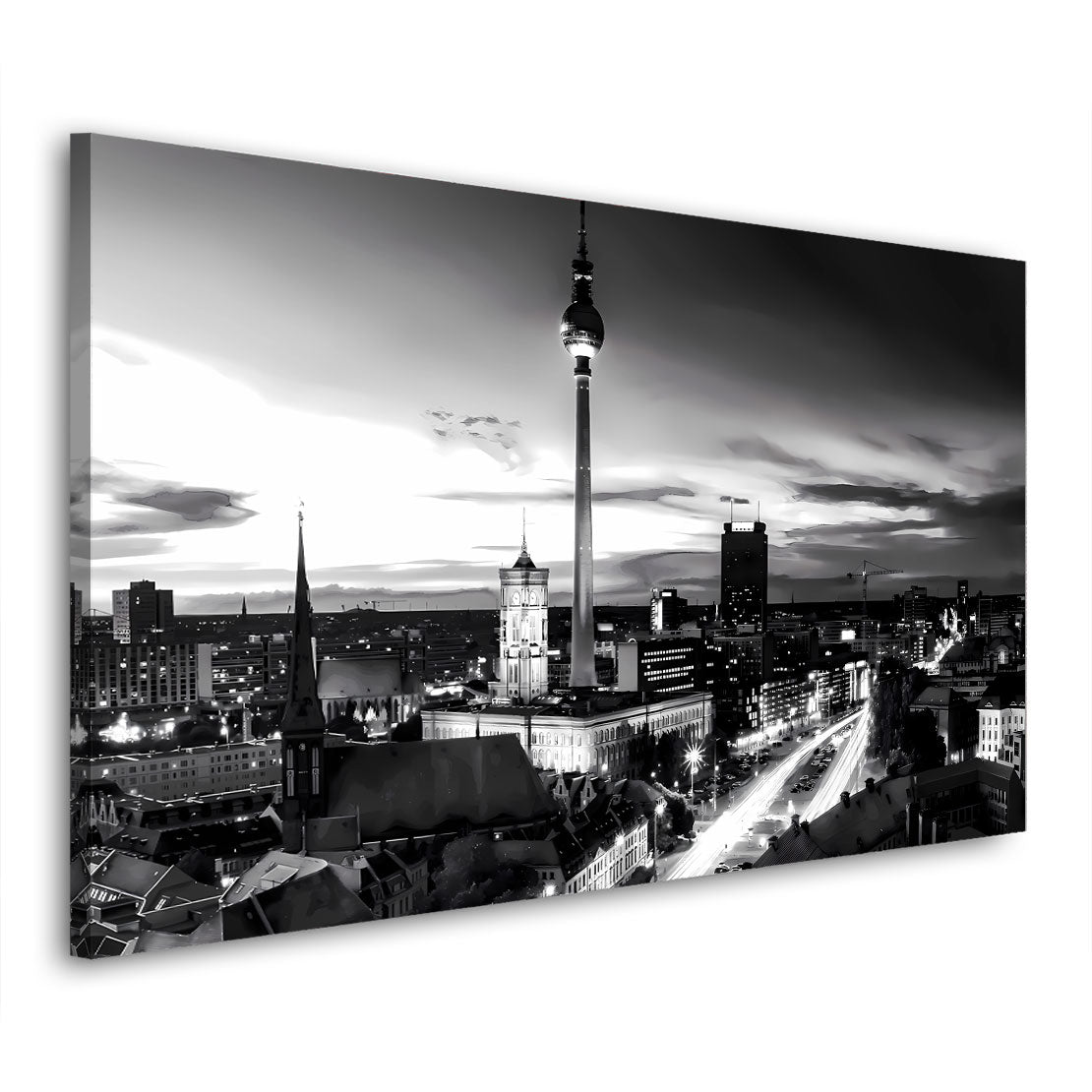 Berlin Skyline Fernsehturm schwarz weiß Leinwandbild Wandbild Kunstdruck XL Deko