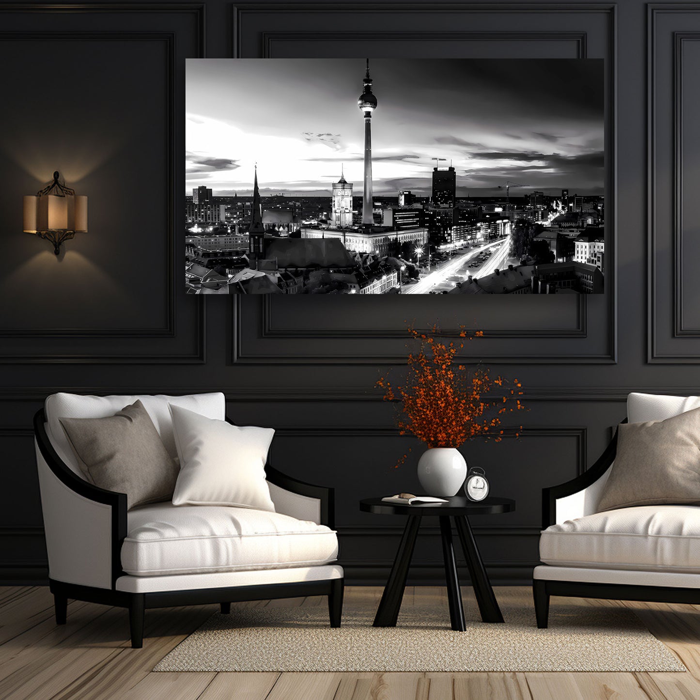 Berlin Skyline Fernsehturm schwarz weiß Leinwandbild Wandbild Kunstdruck XL Deko