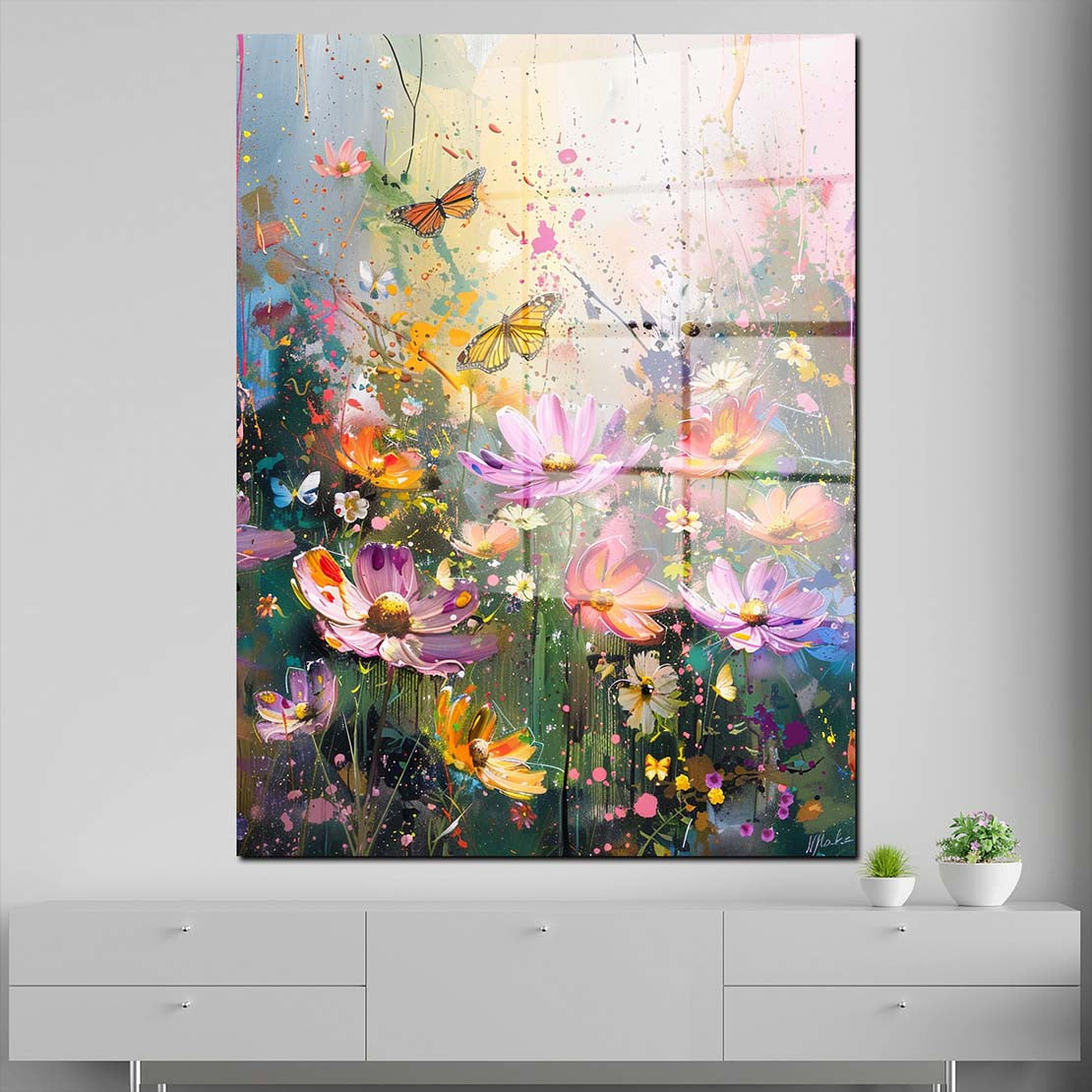Farbenfrohe Blumenwiese mit Schmetterlingen Acrylglasbild Wandbild Wanddeko XL