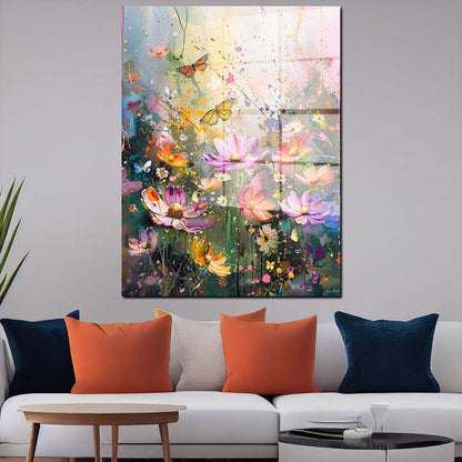Farbenfrohe Blumenwiese mit Schmetterlingen Acrylglasbild Wandbild Wanddeko XL