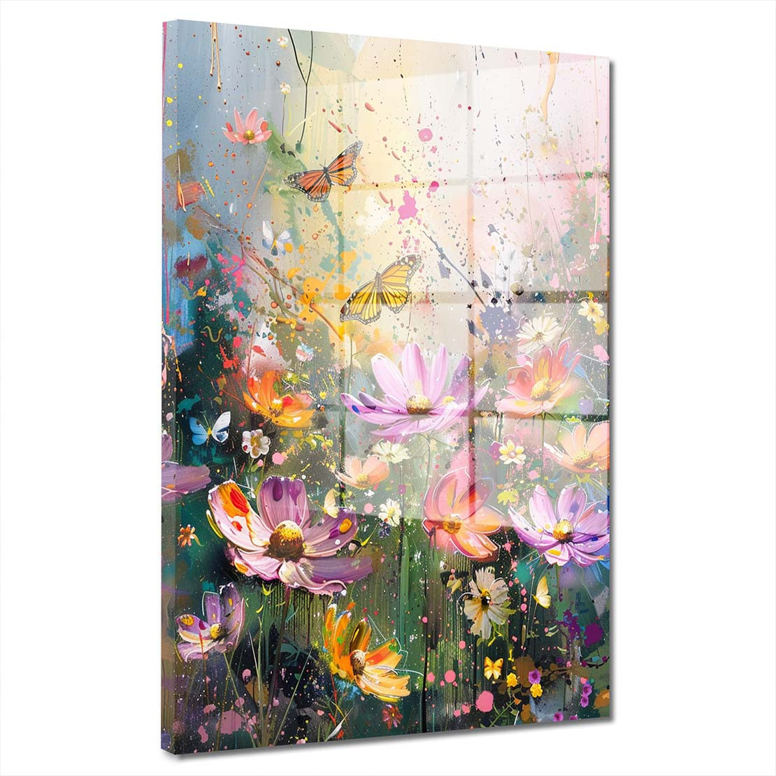 Farbenfrohe Blumenwiese mit Schmetterlingen Acrylglasbild Wandbild Wanddeko XL