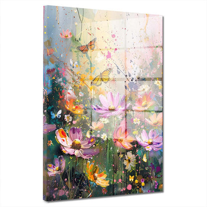 Farbenfrohe Blumenwiese mit Schmetterlingen Acrylglasbild Wandbild Wanddeko XL