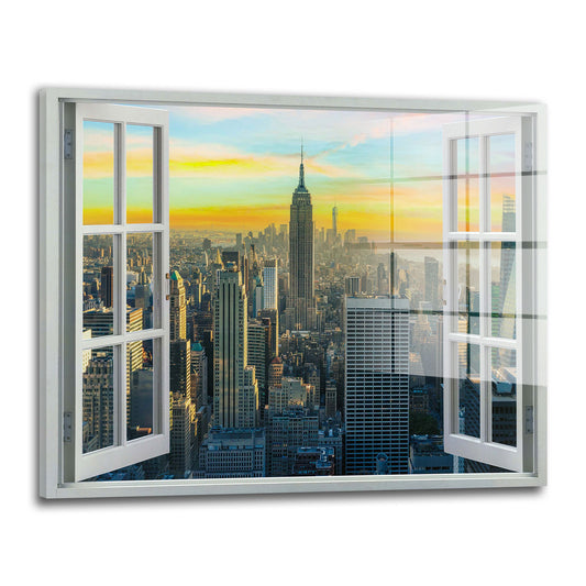 Fenster New York Skyline Yellow Sky Acrylglasbild Wandbild Bild Wanddeko Wohnzimmer XL