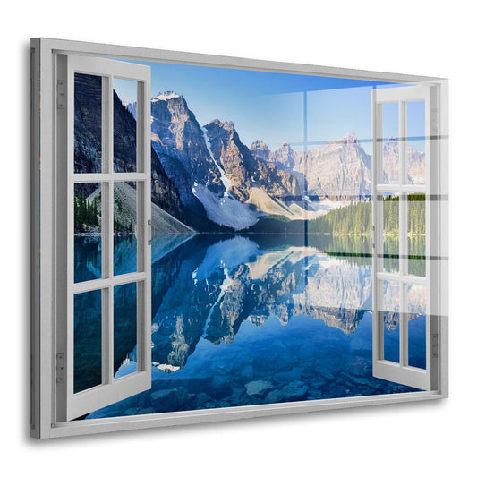 Fensterblick auf Bergsee und Alpen Acrylglasbild Wandbild Bild Wanddeko Wohnzimmer XL
