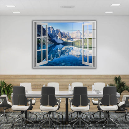 Fensterblick auf Bergsee und Alpen Acrylglasbild Wandbild Bild Wanddeko Wohnzimmer XL