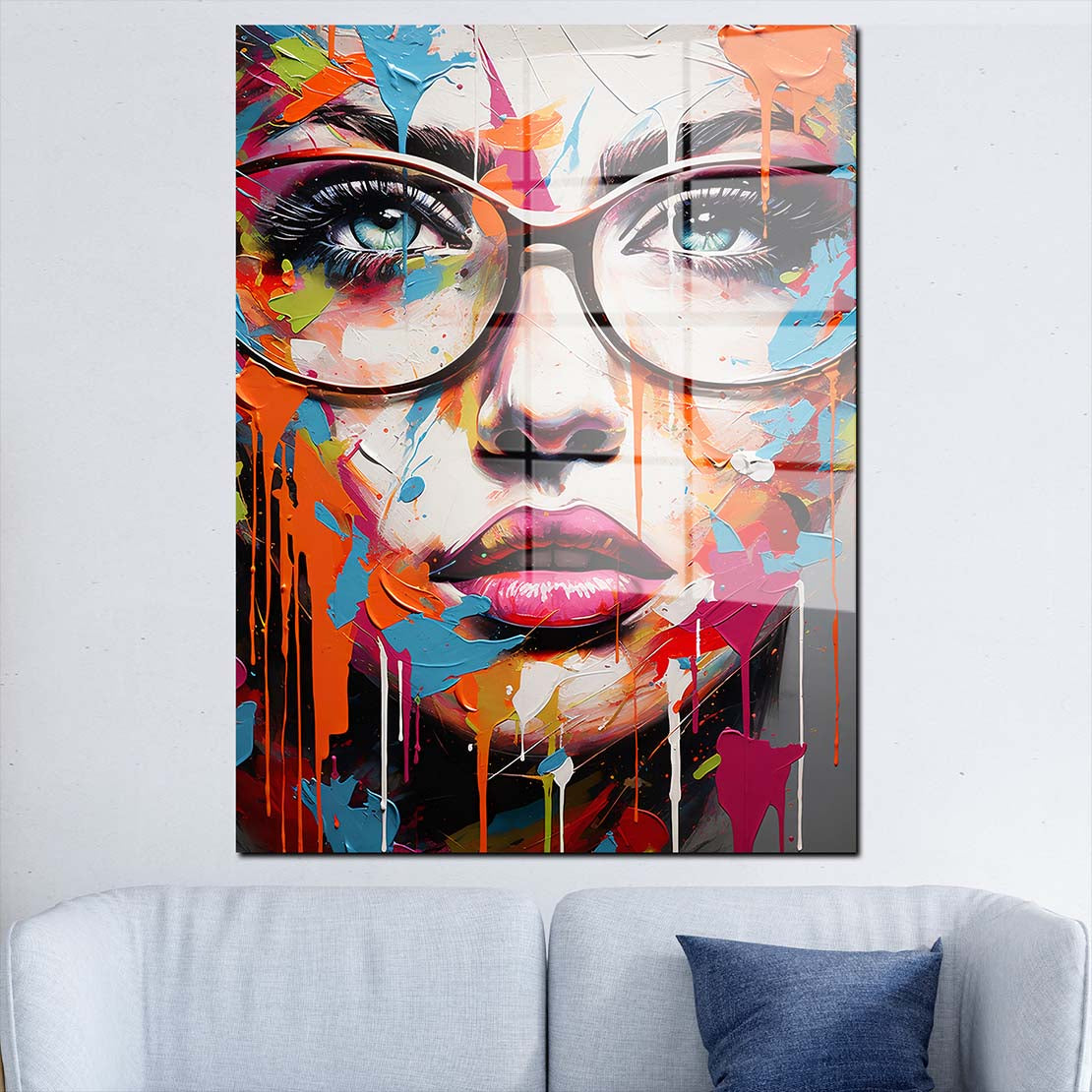 Frauengesicht mit Brille Colour Acrylglasbild Wandbild Wanddeko Wohnzimmer XL