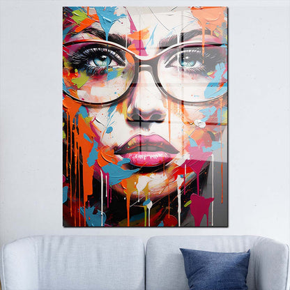 Frauengesicht mit Brille Colour Acrylglasbild Wandbild Wanddeko Wohnzimmer XL