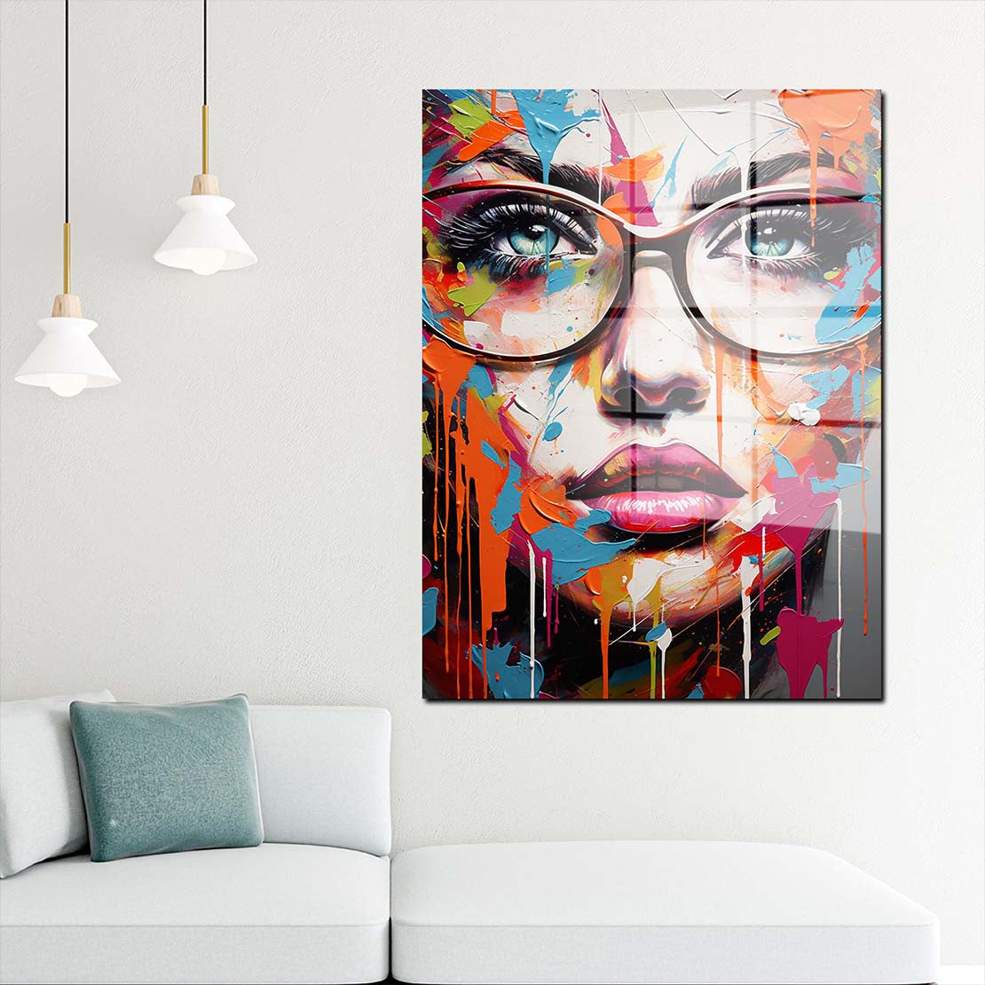 Frauengesicht mit Brille Colour Acrylglasbild Wandbild Wanddeko Wohnzimmer XL