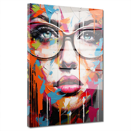 Frauengesicht mit Brille Colour Acrylglasbild Wandbild Wanddeko Wohnzimmer XL