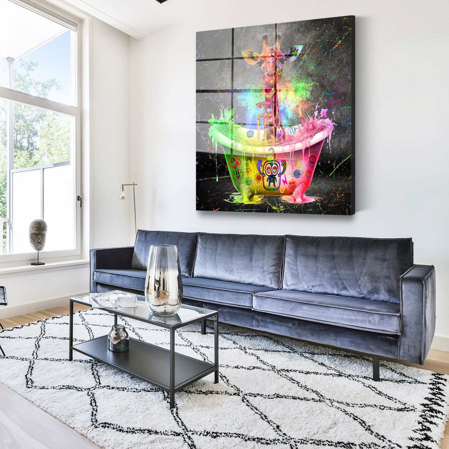 Giraffe in Badewanne Graffiti Pop Art Acrylglasbild Wandbild Bild Wanddeko Wohnzimmer XL