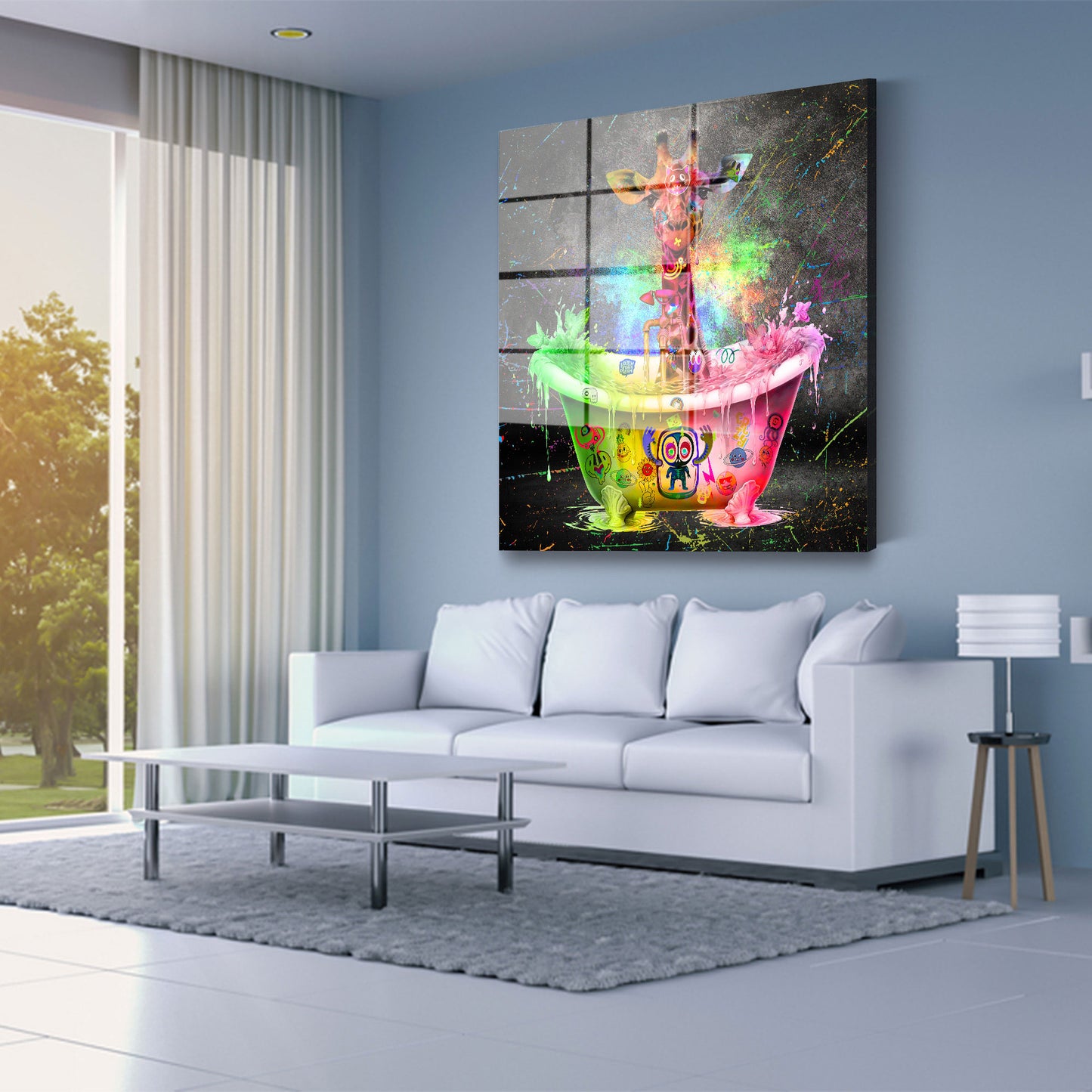 Giraffe in Badewanne Graffiti Pop Art Acrylglasbild Wandbild Bild Wanddeko Wohnzimmer XL