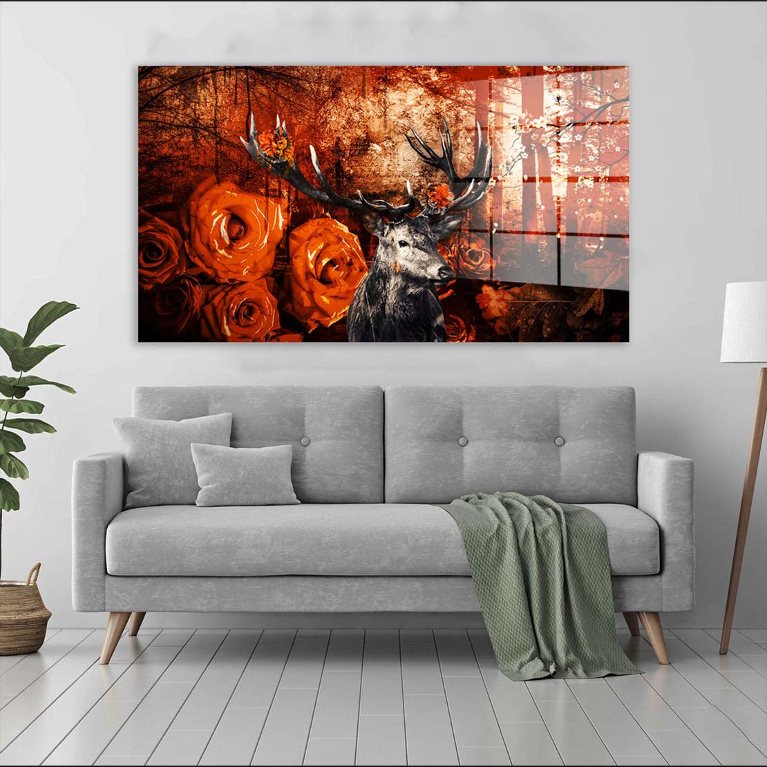 Hirsch Orange Style Abstrakt Acrylglasbild Wandbild Bild Wanddeko Wohnzimmer XL