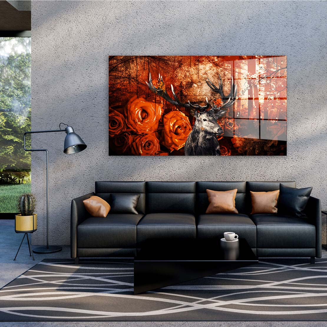 Hirsch Orange Style Abstrakt Acrylglasbild Wandbild Bild Wanddeko Wohnzimmer XL