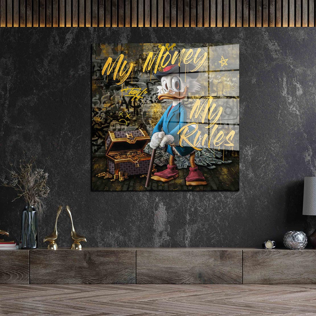 Kunst Duck Pop Art My Money My Rules Comic Acrylglasbild Wandbild Bild Wanddeko XL