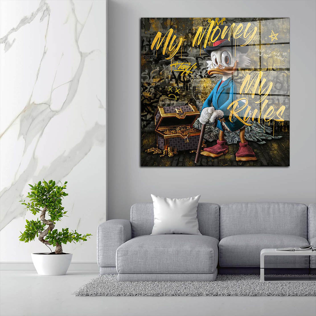 Kunst Duck Pop Art My Money My Rules Comic Acrylglasbild Wandbild Bild Wanddeko XL
