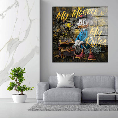 Kunst Duck Pop Art My Money My Rules Comic Acrylglasbild Wandbild Bild Wanddeko XL