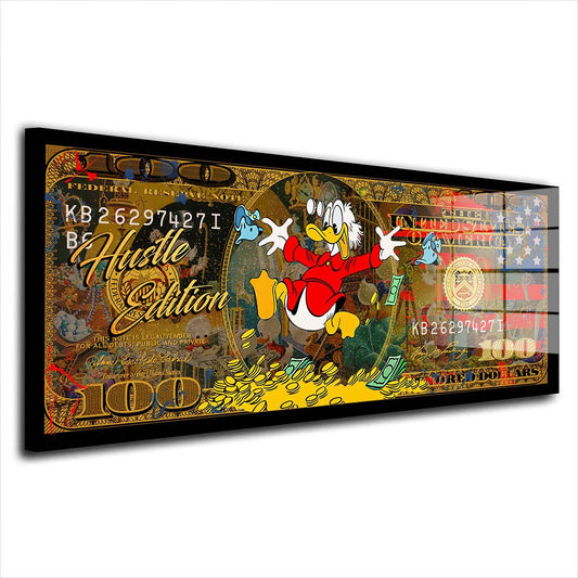 100 Dollar Comic Duck Pop Art USA Motivation Acrylglasbild Wandbild Wanddeko XL