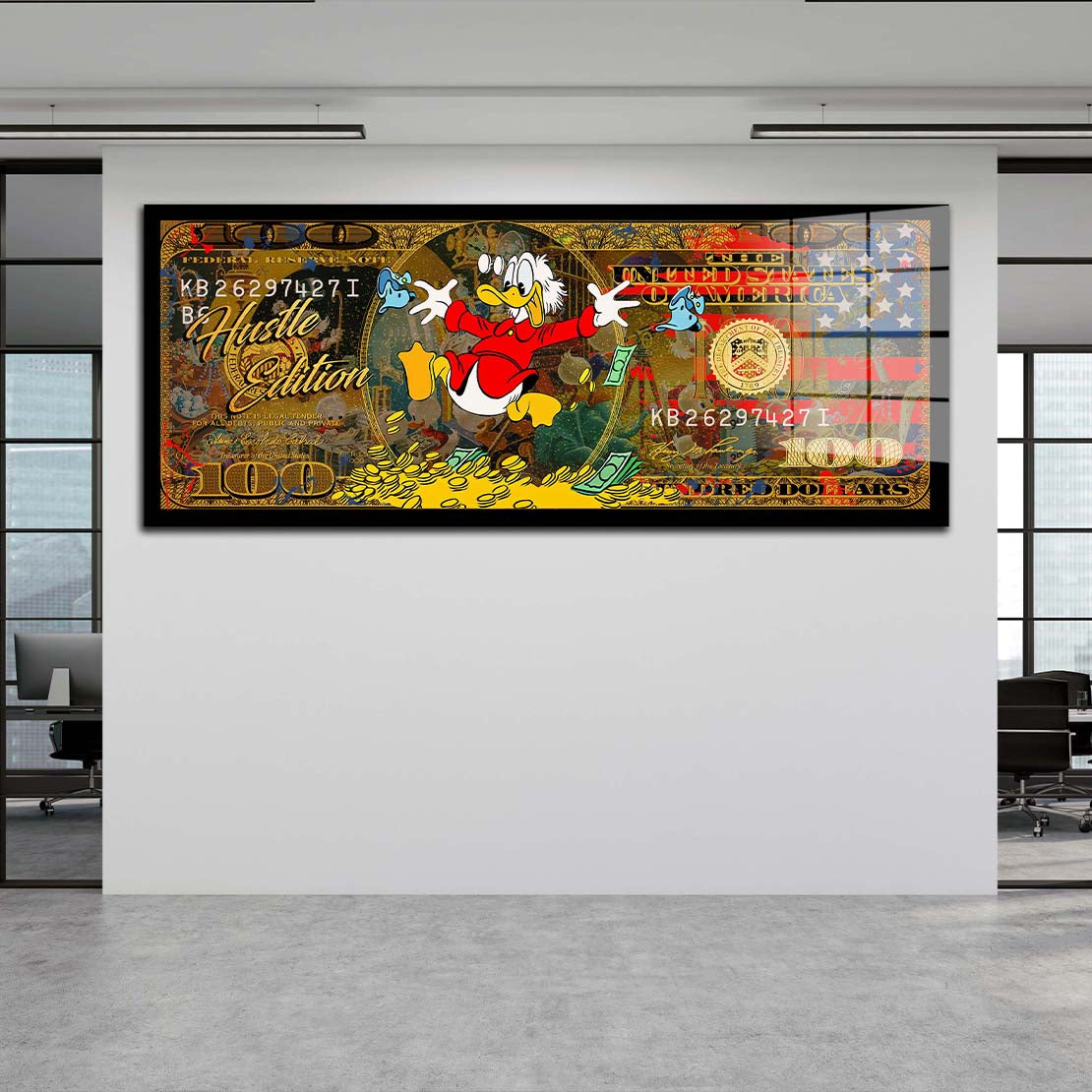 100 Dollar Comic Duck Pop Art USA Motivation Acrylglasbild Wandbild Wanddeko XL