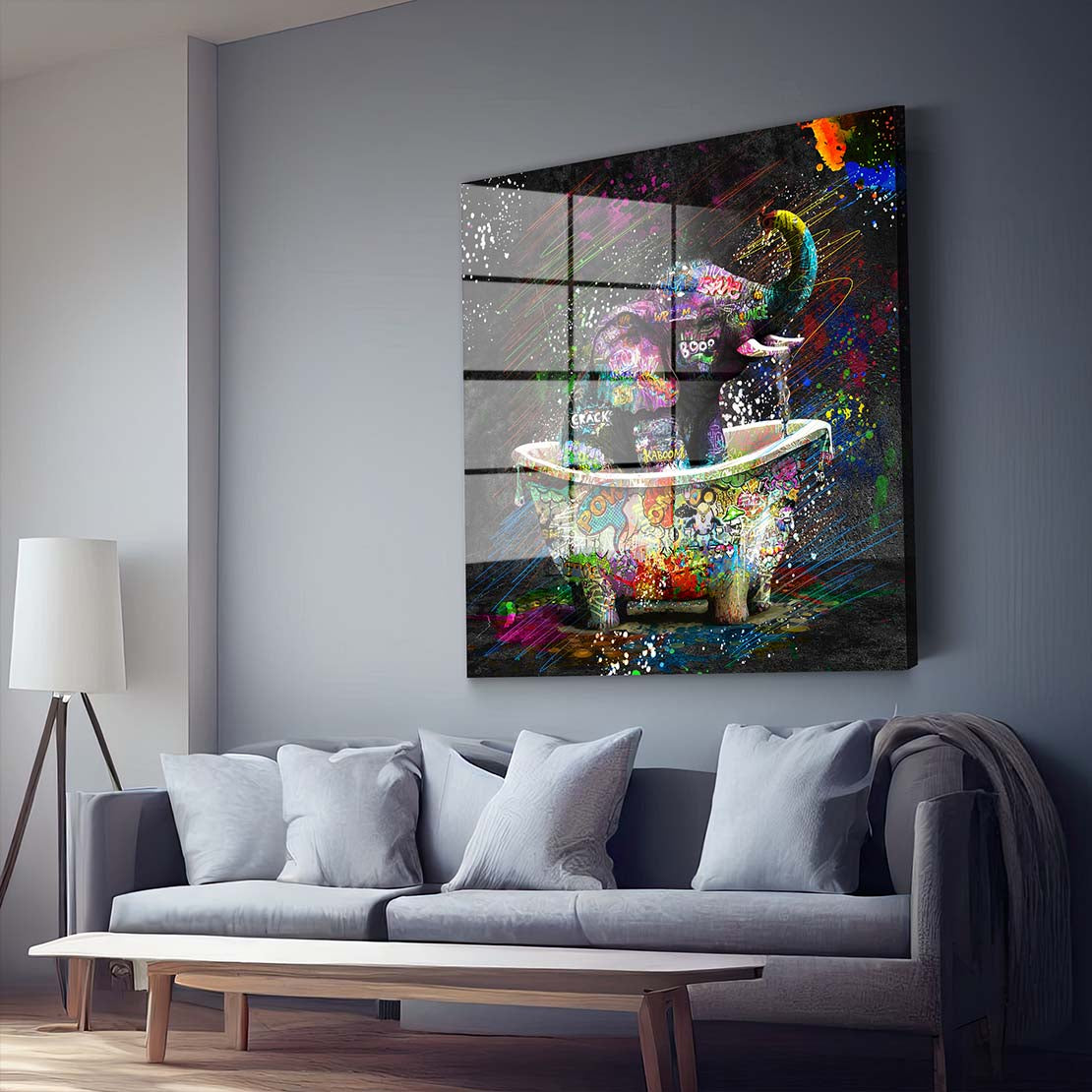 Elefant in Badewanne Street Art Acrylglasbild Wandbild Wanddeko Wohnzimmer XL