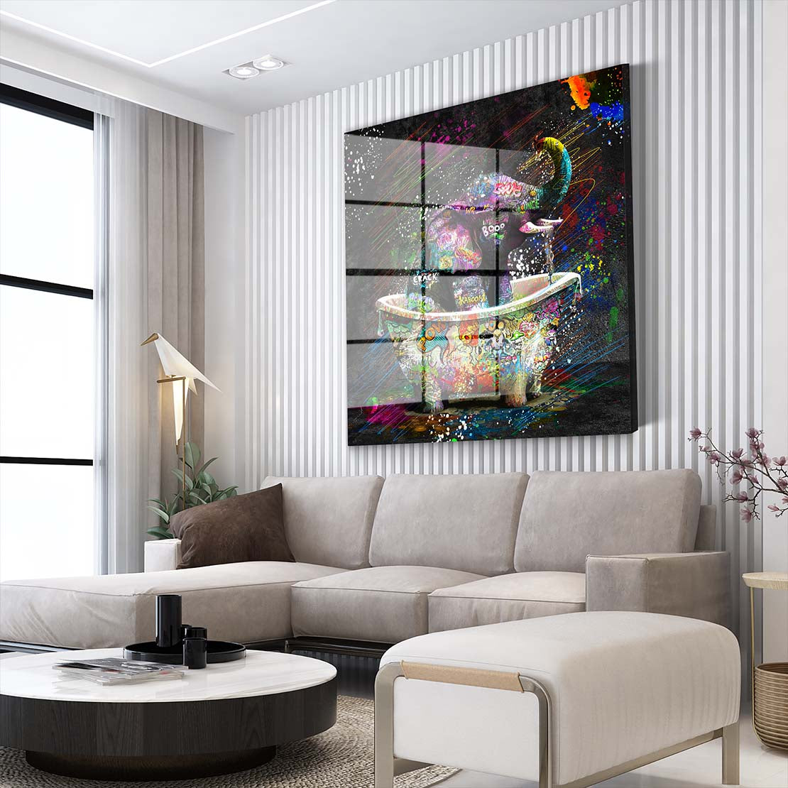 Elefant in Badewanne Street Art Acrylglasbild Wandbild Wanddeko Wohnzimmer XL