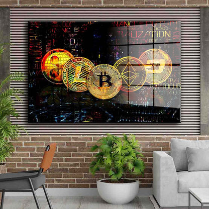 Kryptowährungen Trading & Börse Acrylglasbild Wandbild Wanddeko Wohnzimmer XL