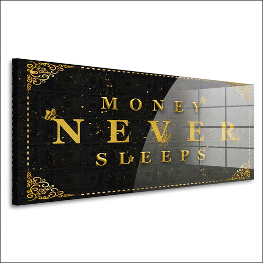 Money Never Sleeps Geld & Erfolg Motivation Acrylglasbild Wandbild Bild Wanddeko XL