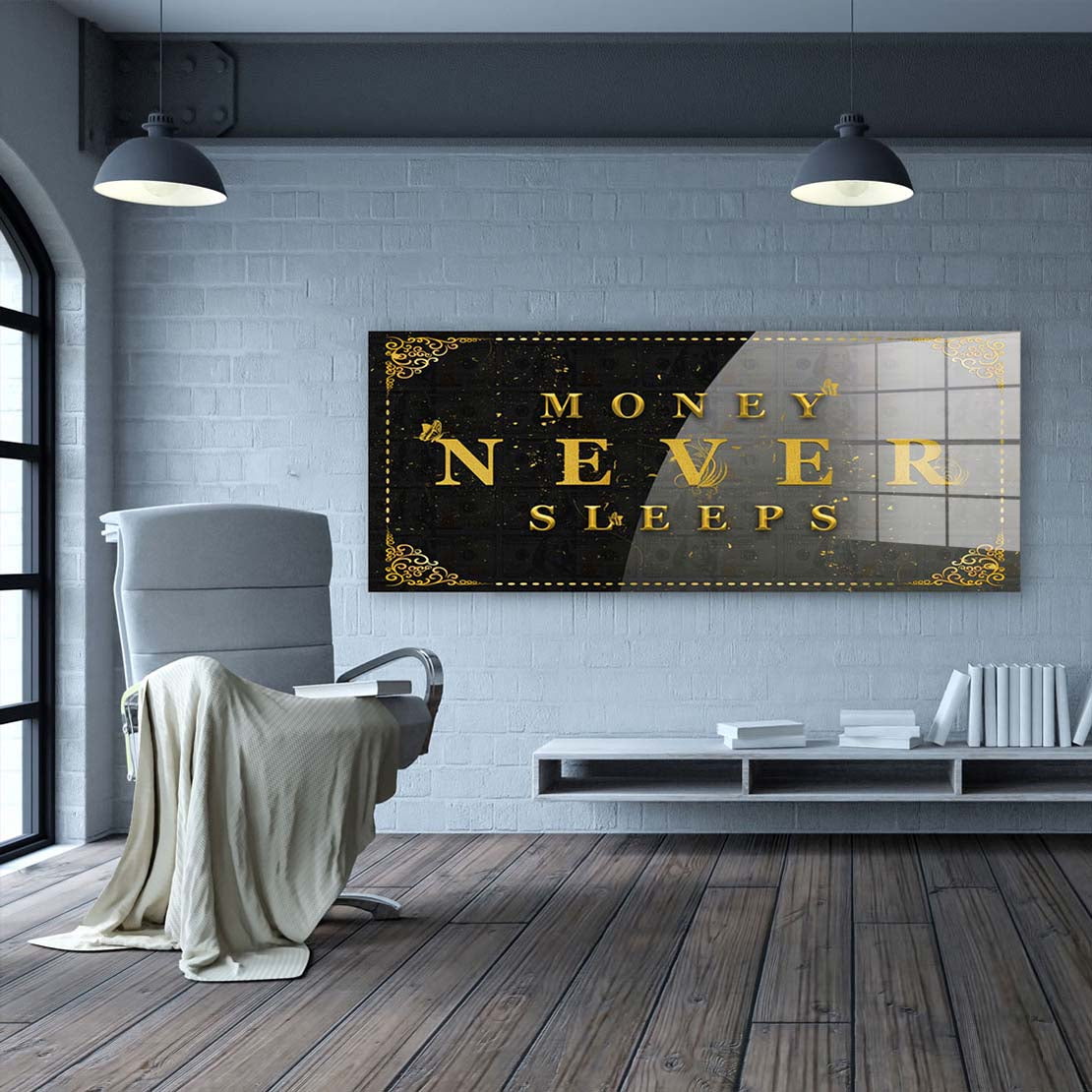 Money Never Sleeps Geld & Erfolg Motivation Acrylglasbild Wandbild Bild Wanddeko XL